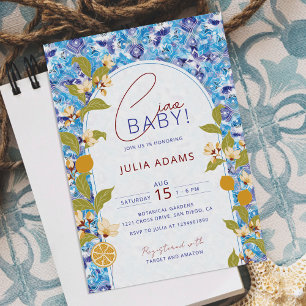 Citrus Blue Yellow Lemon Amalfi Coast Baby Shower Invitation