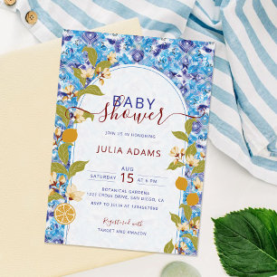 Citrus Blue Yellow Lemon Amalfi Coast Baby Shower Invitation
