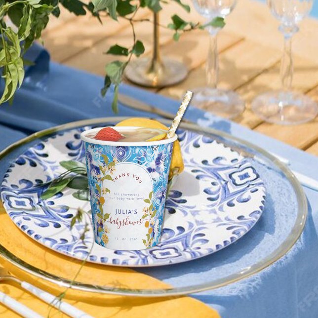 Citrus Blue Yellow Lemon Amalfi Coast Baby Shower Paper Cups (Creator Uploaded)