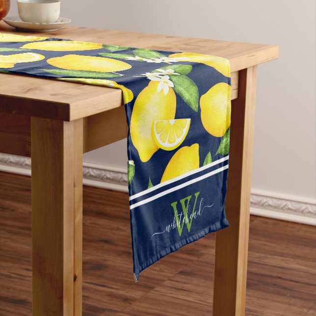 Citrus Botanical Lemon Elegant Monogram Navy Long Table Runner (In Situ)
