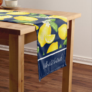 Citrus Botanical Lemon Personalise Navy Blue Long Table Runner