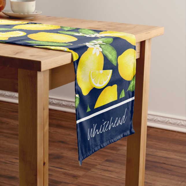 Citrus Botanical Lemon Personalise Navy Blue Long Table Runner (In Situ)