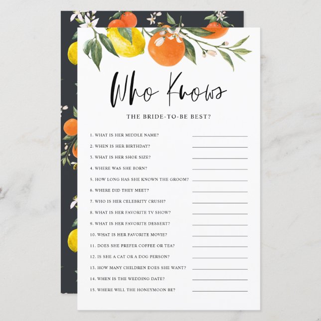 Citrus Botanical Who Knows the Bride Best Game (Front/Back)