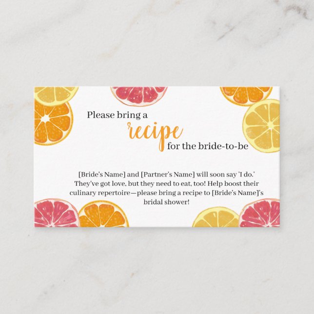 Citrus Bridal Shower Recipe Request Card (Front)