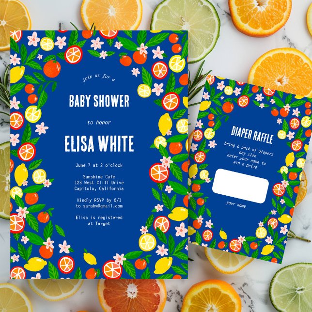 Citrus Celebration CUSTOM Bold Summer BABY SHOWER Invitation (Citrus Celebration CUSTOM Bold Summer BABY SHOWER Invitation Blue Baby Boy Oranges Lemons)