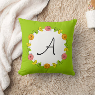 Citrus Circle Green Monogram square Throw Pillow