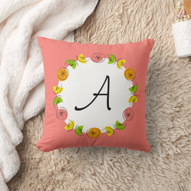 Citrus Circle Pink Monogram square Throw Pillow (Blanket)