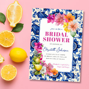 Citrus Floral Blue Tile Bridal Shower Invitation