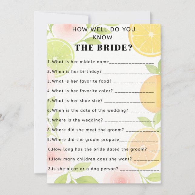 Citrus Floral Bridal Shower Game Invitation (Front)