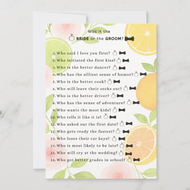 Citrus Floral Bridal Shower Game Invitation (Front)