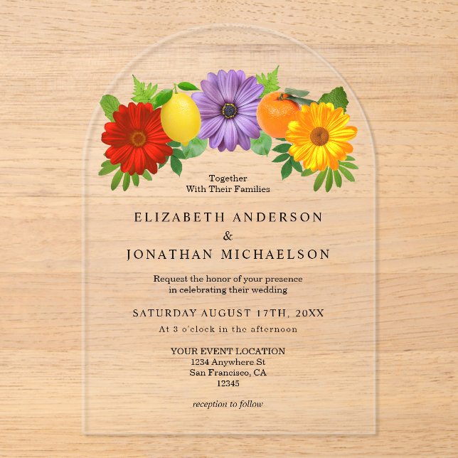 Citrus Floral Garden Wedding Acrylic Invitations (Front)