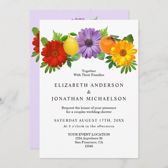 Citrus Floral Garden Wedding Couples Shower Invitation (Front/Back)