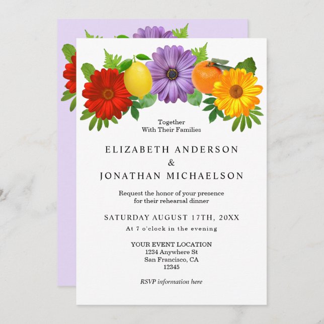 Citrus Floral Garden Wedding Rehearsal Dinner Invitation (Front/Back)
