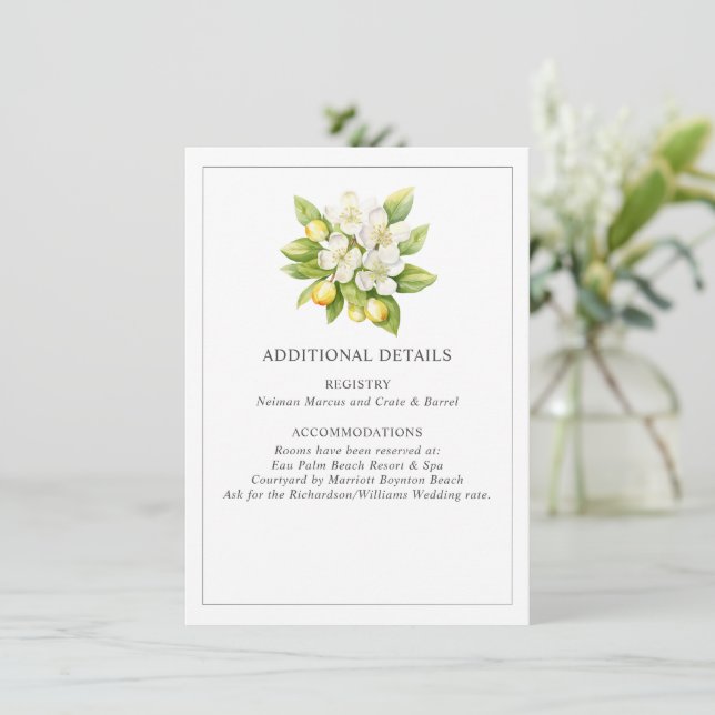 Citrus Floral Wedding Details Enclosure Cards (Standing Front)