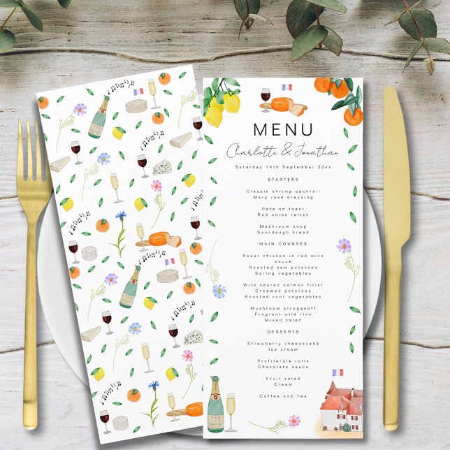 Citrus French Boho Wedding Menu (French citrus boho watercolor wedding menu with wine and french cheese, musical notes, florals )