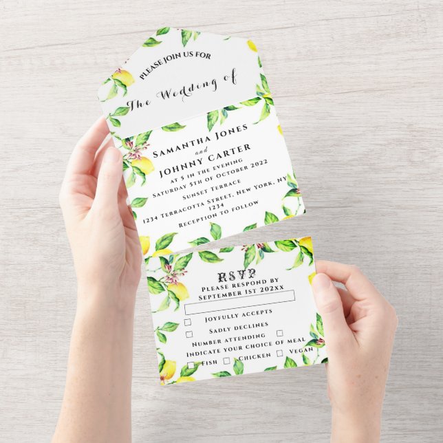 Citrus Fruit Exotic Garden Yellow Lemon Wedding All In One Invitation (Tearaway)