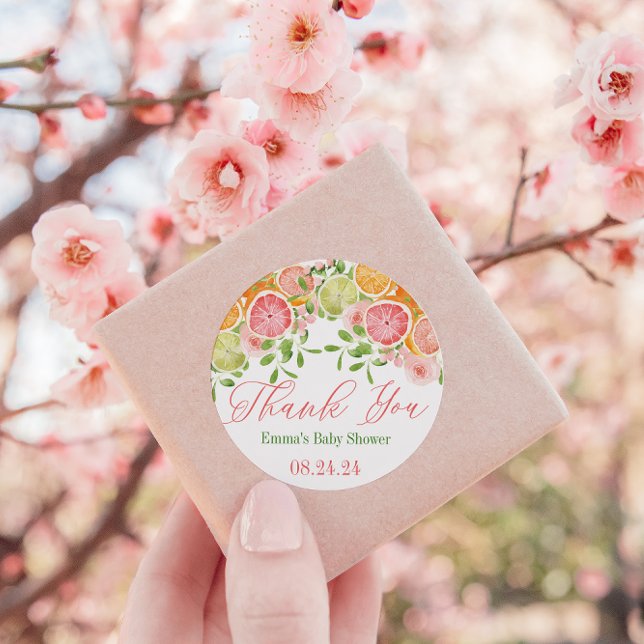 Citrus Fruit & Flowers Baby Shower Favour Classic Round Sticker (Creator Uploaded)