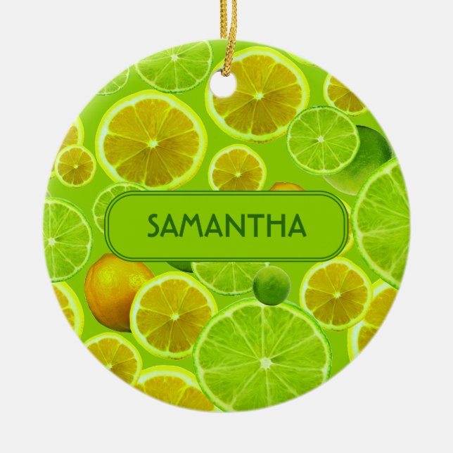 Citrus Fruit, Lemon & Lime Pattern - Personalised Ceramic Ornament (Front)