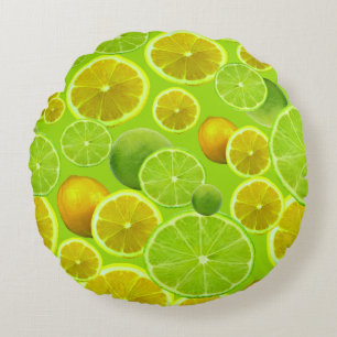 Citrus Fruit, Lemon & Lime Patterned Round Cushion