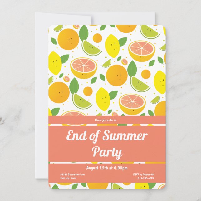 Citrus Fruit Pattern End of Summer Party Vertical Invitation (Front)