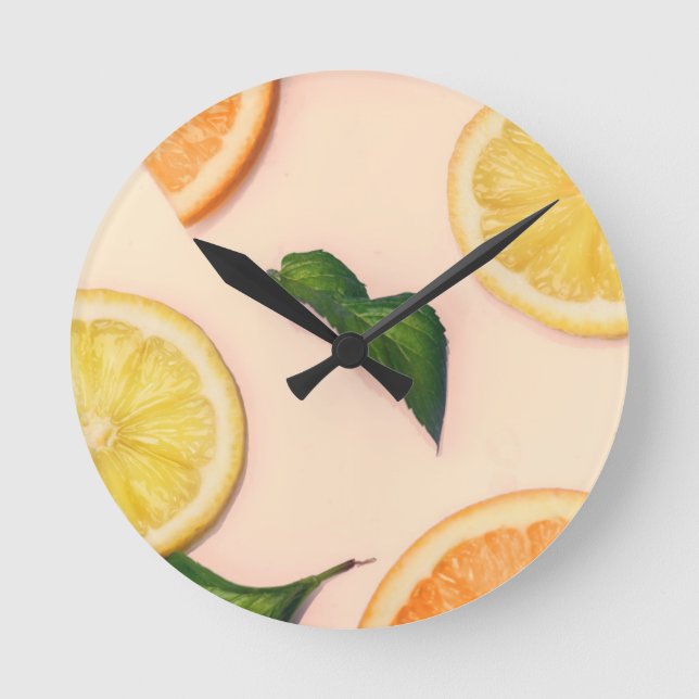 Citrus fruit pattern in pastel colours round clock (Front)