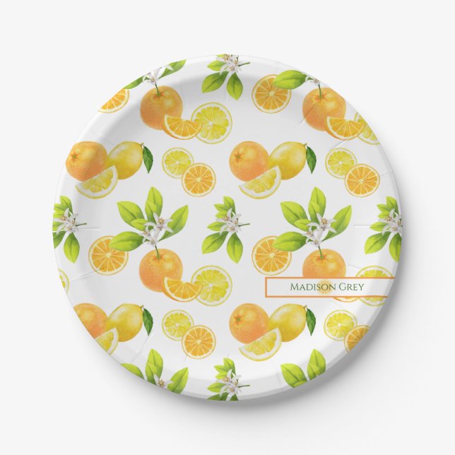 Citrus Fruits Art Oranges and Lemons Patten Paper Plate (Front)