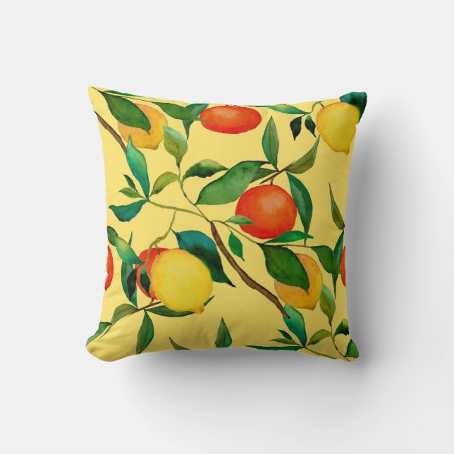 Citrus fruits, vibrant watercolor pattern. cushion (Front)
