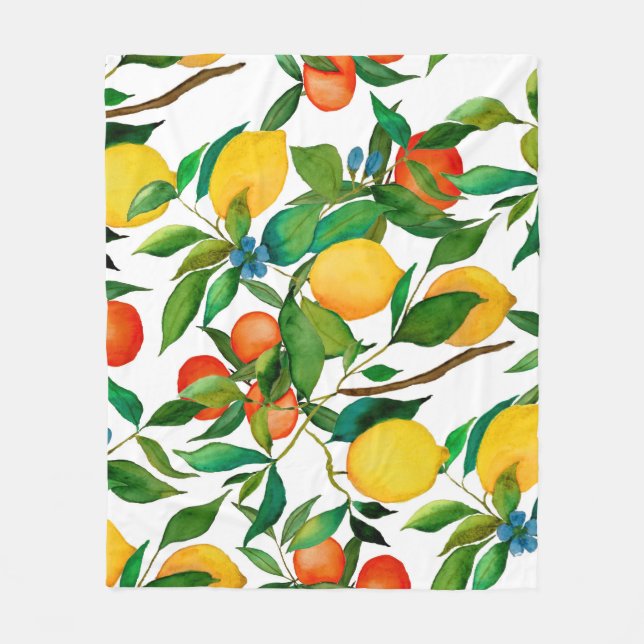 Citrus fruits, vibrant watercolor pattern. fleece blanket (Front)