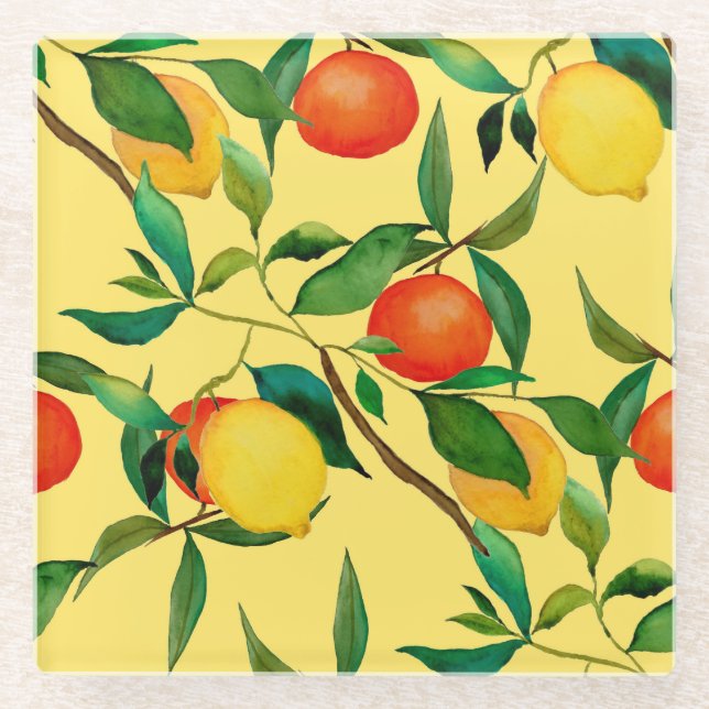 Citrus fruits, vibrant watercolor pattern. glass coaster (Front)