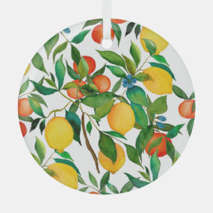 Citrus fruits, vibrant watercolor pattern. glass tree decoration