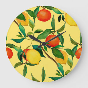 Citrus fruits, vibrant watercolor pattern. large clock