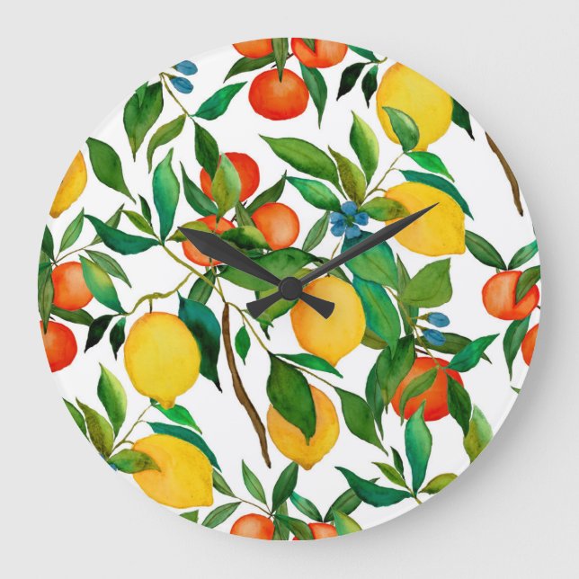 Citrus fruits, vibrant watercolor pattern. large clock (Front)