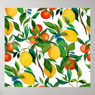 Citrus fruits, vibrant watercolor pattern. poster