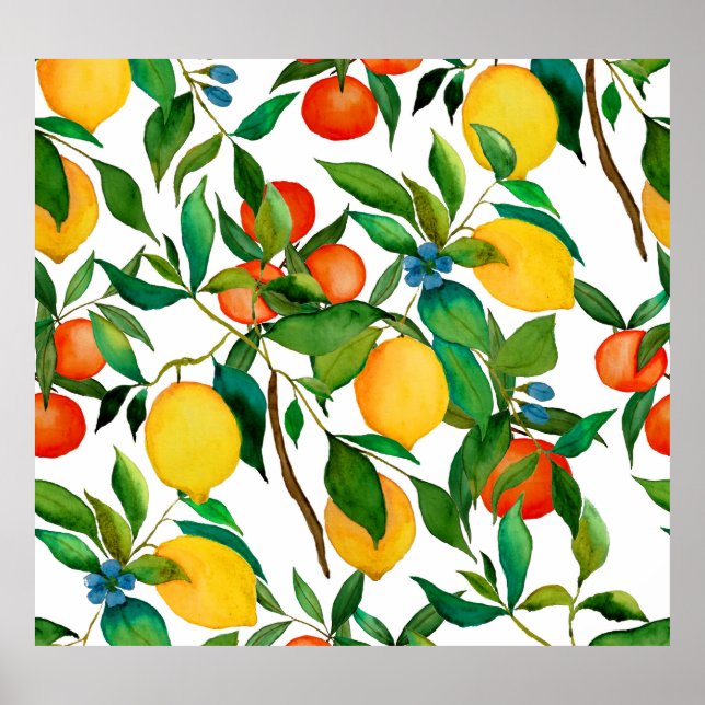 Citrus fruits, vibrant watercolor pattern. poster (Front)
