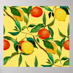Citrus fruits, vibrant watercolor pattern. poster