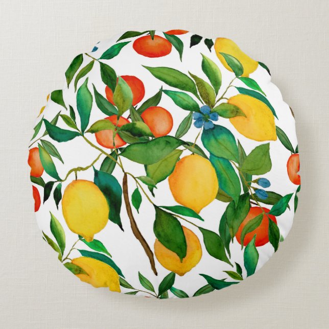 Citrus fruits, vibrant watercolor pattern. round cushion (Front)