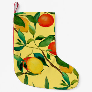 Citrus fruits, vibrant watercolor pattern. small christmas stocking