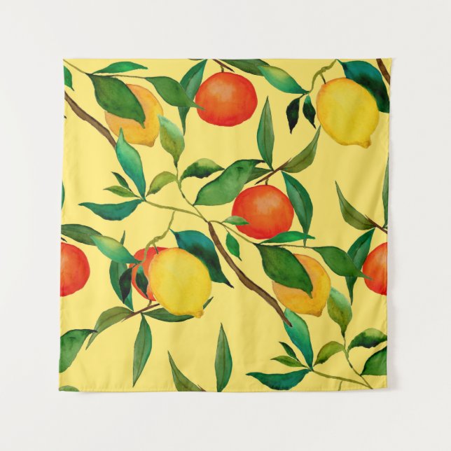 Citrus fruits, vibrant watercolor pattern. tapestry (Front)
