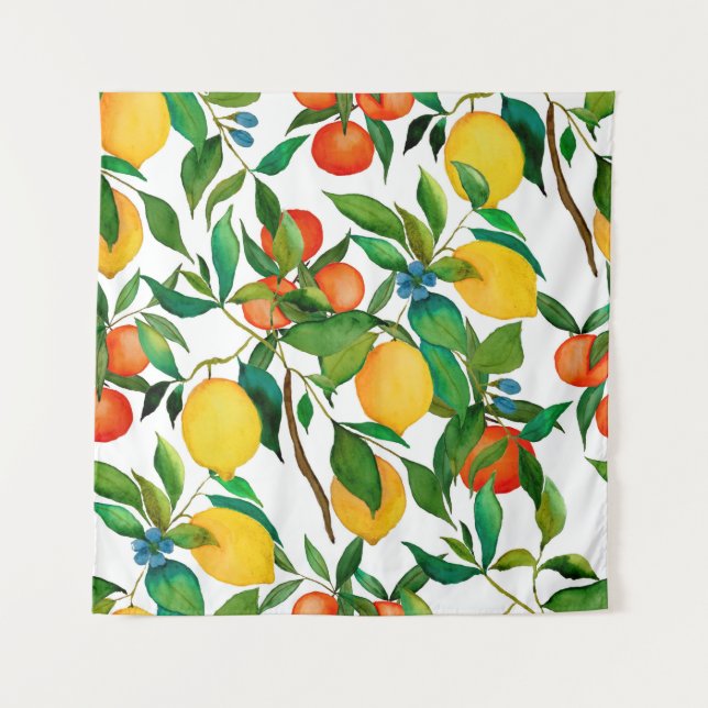 Citrus fruits, vibrant watercolor pattern. tapestry (Front)
