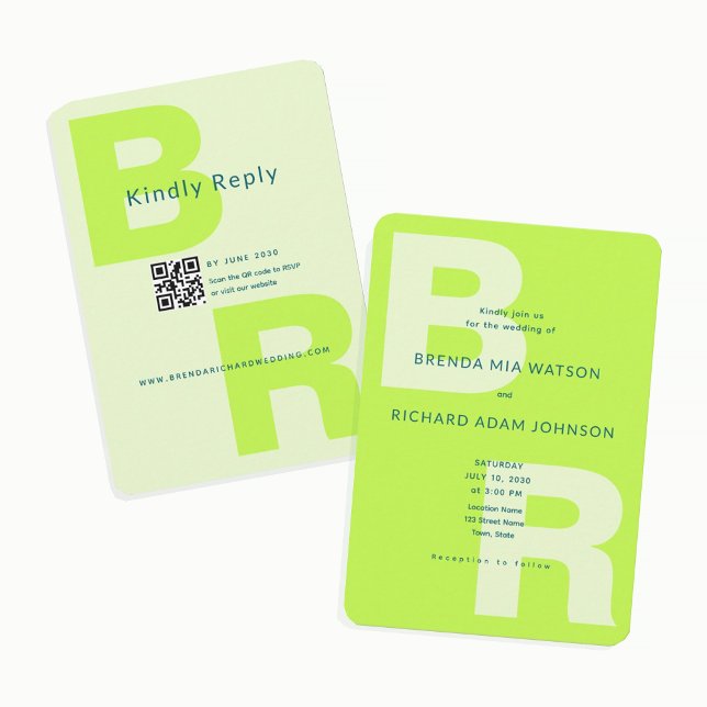 Citrus Green Bold Initial QR Wedding Invitation (Creator Uploaded)