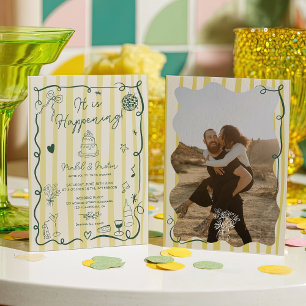 Citrus Green hand drawn Stripes photo wedding Invitation