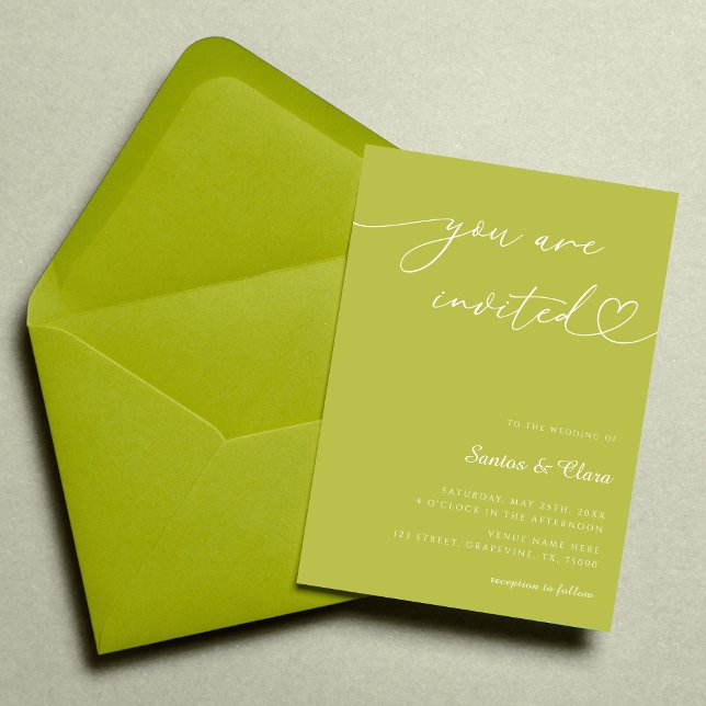 Citrus Green Heart Script 3 Photo Collage Wedding Invitation (Creator Uploaded)