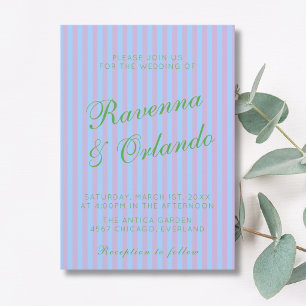 Citrus Green Retro Blue Pink Stripe Wedding Invitation