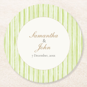 Citrus Green Striped Couple Name Retro Wedding Round Paper Coaster