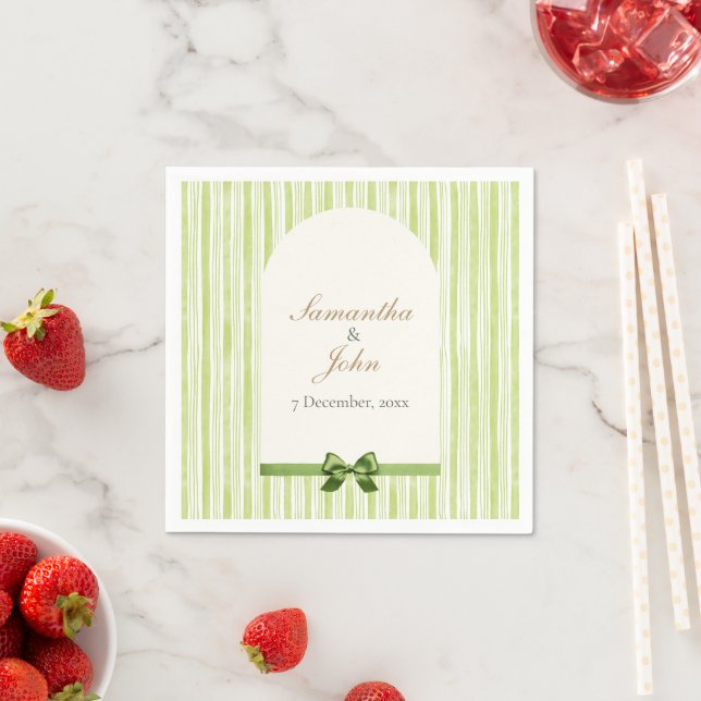 Citrus Green Striped Retro Wedding Paper Napkins (Insitu)