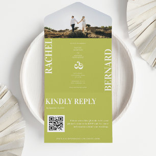 Citrus Green & White Typography QR Code Wedding   All In One Invitation