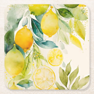 Citrus greenery square paper coaster