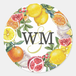 Citrus Initials Botanical wreath Wedding Classic Round Sticker