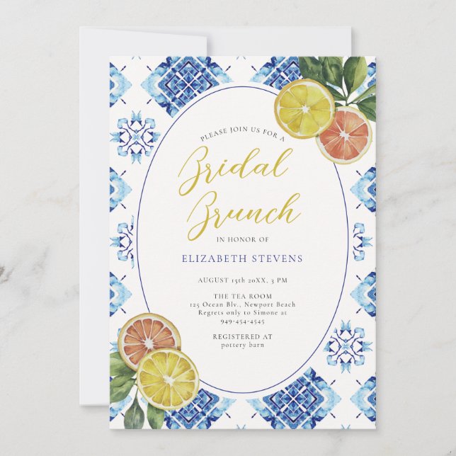 Citrus Italian Blue Tile Modern Chic Bridal Shower Invitation (Front)