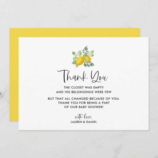 Citrus Lemon Baby Shower Thank You Cards (Front/Back)